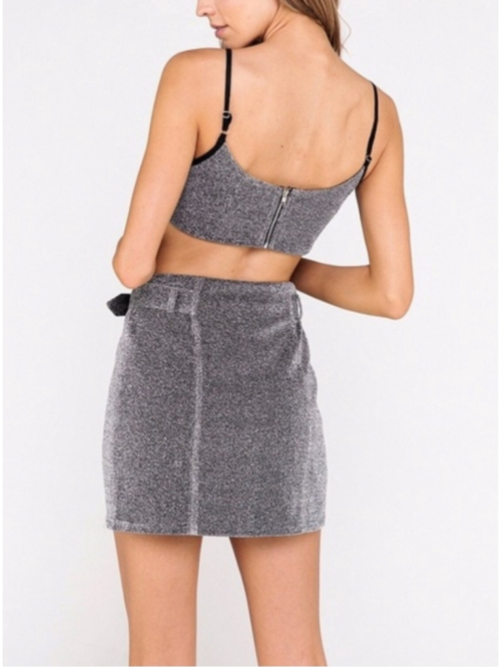 Hello Miss Crop Top and Mini Skirt Silver Black Glitter club wear - Picture 5 of 5